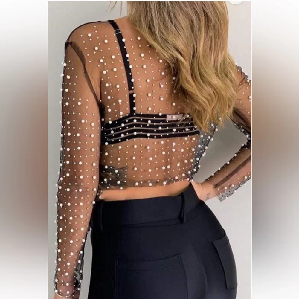 Sheer Black Crop Top with Pearl Detailing Large